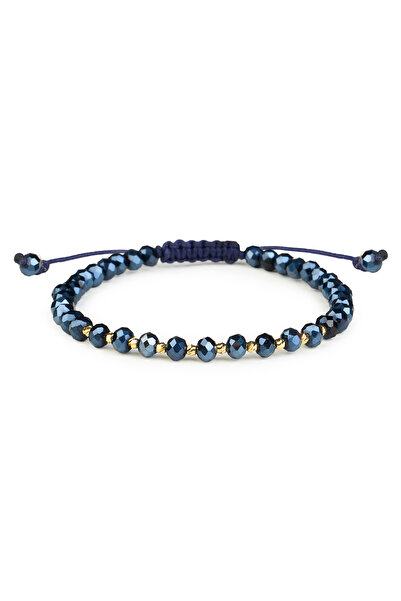 One Gold Bracelet with 10 beads 14K Gold "585" and Blue Crystals, adjustable