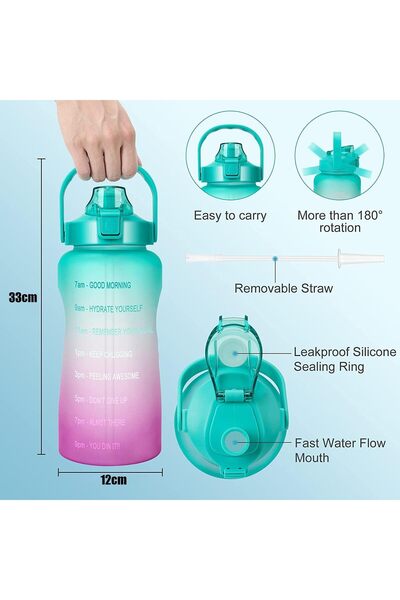 BPA Silk Route Water Bottle, Sport Half Gallon Water Bottle with Straw & Time...