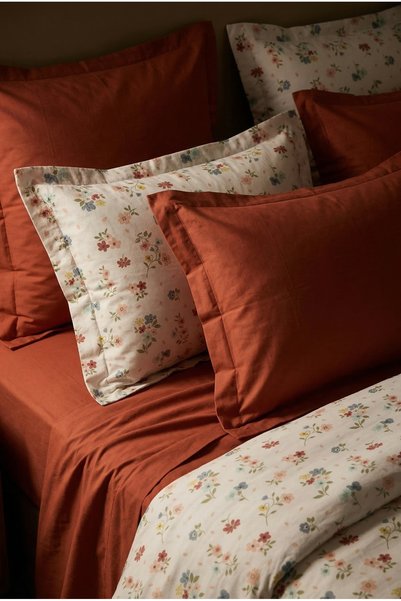 NESCO Çiçek %100 Pamuk King Size 220x240 Nevresim Takımı | 180x200x30 Lastikli Kiremit Çarşaf + 4 Yastık