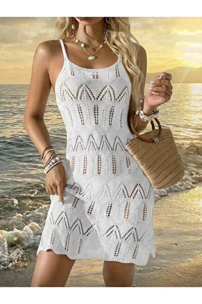 Bracha Strappy Model Lace-Like Knit Pattern 100% Cotton Above Knee Mini Pareo...