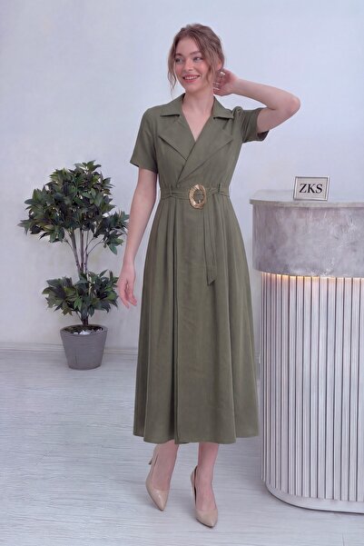 zks grup tekstil Women's Double-Breasted Collar Gold Detail Belted Dress Brow...