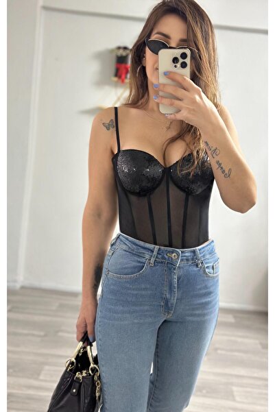 Derya Akyol Pul payet Detaylı Transparan Siyah Büstiyer