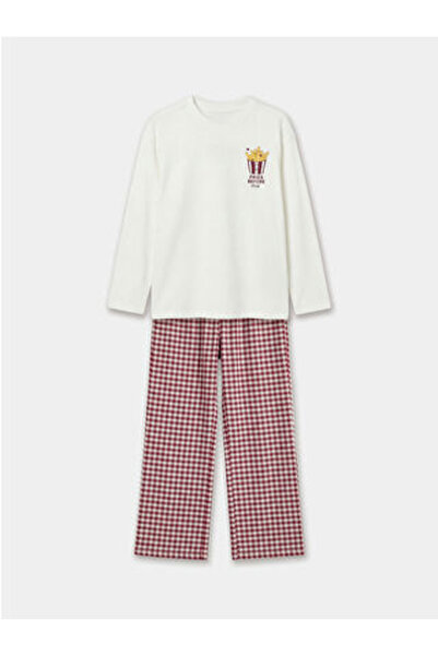 LC Waikiki M1 Sezon Ecru Crew Neck Printed Girls' Pajama Set