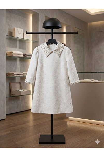 Hilal Akıncı Kids فستان بناتي بأكمام قصيرة وياقة وأكمام مرصّع بالأحجار من قما...