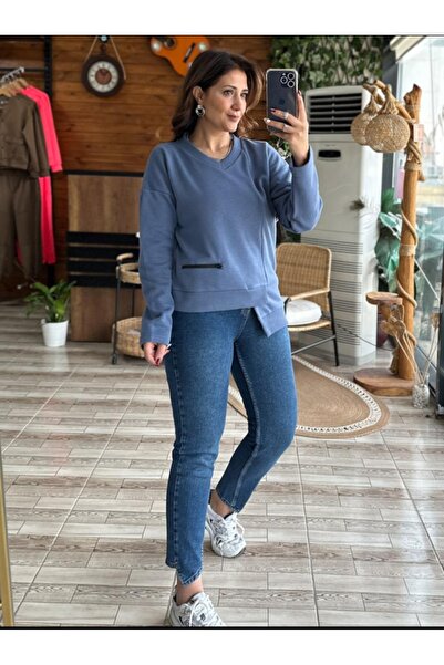 DISHI FASHİON Hanorac asimetric cu decolteu în V și fermoar frontal