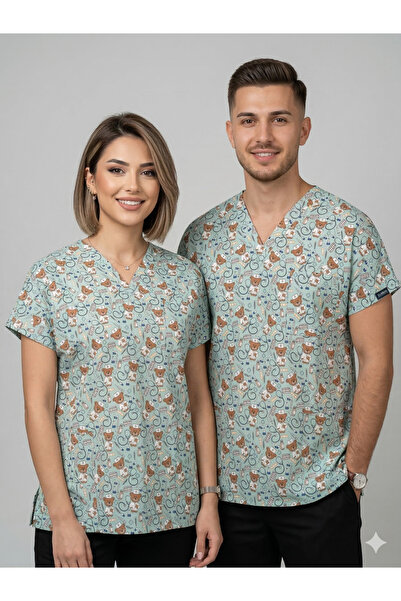 temex DESENLİ SCRUBS AYICIK DESEN TEK ÜST HEMŞİRE DOKTOR FORMASI UNİSEX İŞÇİK...