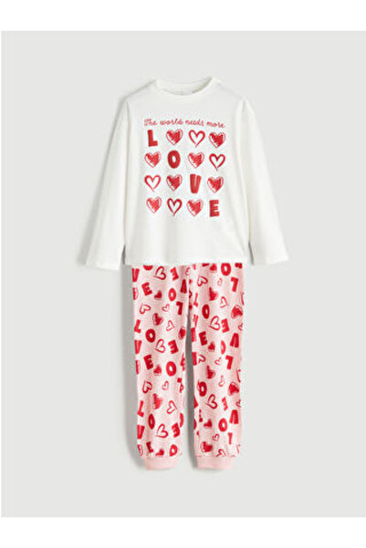 LC Waikiki M1 Sezon Ecru Crew Neck Girls' Pajama Set