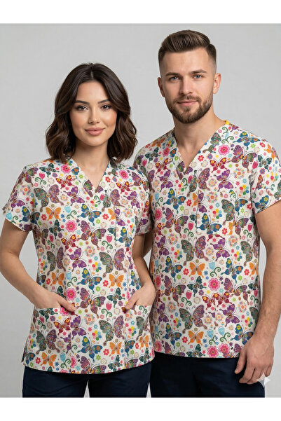 temex DESENLİ SCRUBS KELEBEK DESENLİ TEK ÜST LİKRALI ÜNİFORMA HEMŞİRE DOKTOR ...