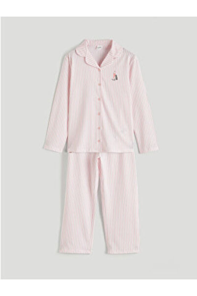 LC Waikiki M1 Sezon Pink Shirt Collar Girls' Pajama Set