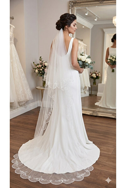 parlakmoda Gelin duvağı işlemeli uzun