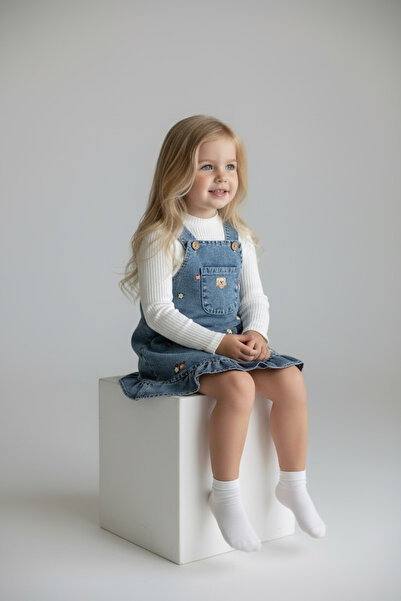 Leni Kids Kız Bebek Kot Salopet Elbise Çiçek İşleme Desenli , Uzun Kollu Bluz...