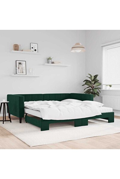 Concept Κρεβάτι ημέρας με προέκταση και στρώμα σκούρο πράσινο 100x200cm Βελούδο