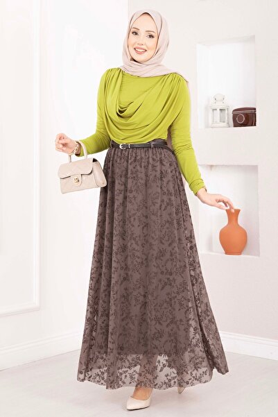 OC Flok Printed Lined Tulle Skirt Brown