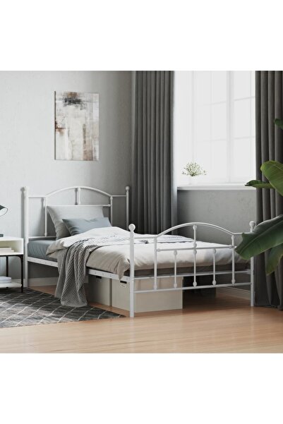 Concept Cadru de pat metalic cu tăblie de cap/picioare, alb, 107x203 cm