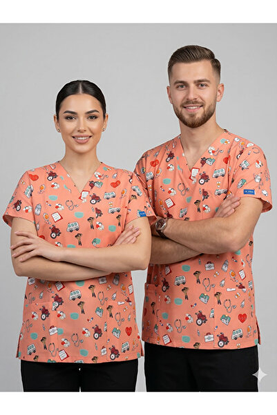 temex DESENLİ SCRUBS TURUNCU TEK ÜST ÜNİFORMA HEMŞİRE DOKTOR FORMASI LİKRALI ...