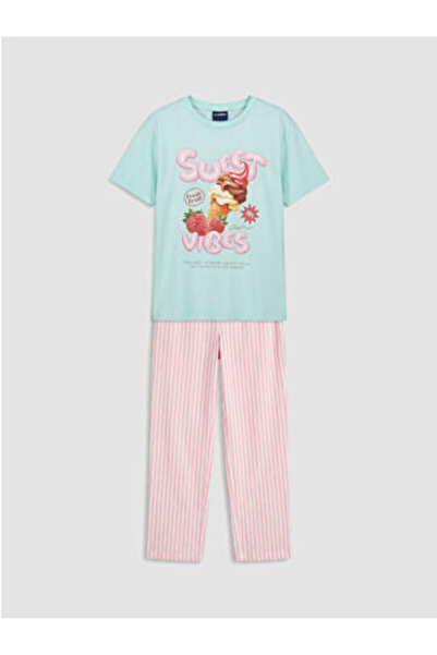 LC Waikiki M1 Sezon Turquoise Crew Neck Printed Girls' Pajama Set