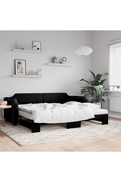 Concept Pat de zi cu extensie și saltele, negru, 80x200 cm, textil