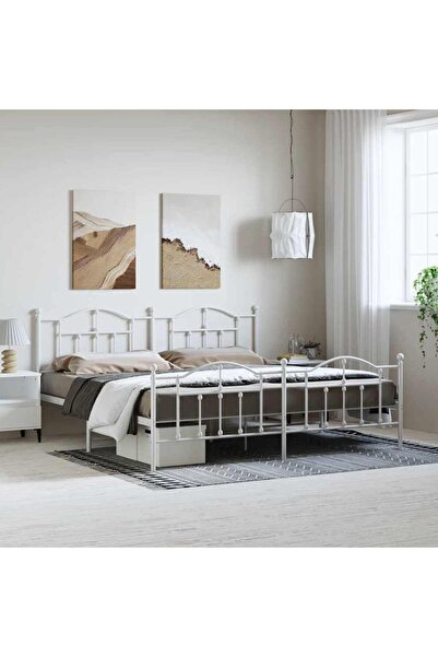 Concept Cadru de pat metalic cu tăblie de cap/picioare, alb, 193x203 cm