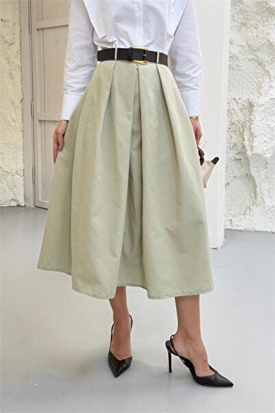 Dipmoda Women's Beige Pleated Belt Detail A-Line Midi Length Skirt Dpg127