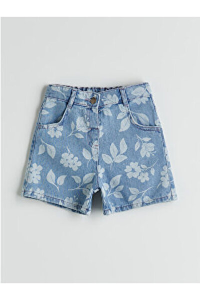 LC Waikiki M1 Sezon Indigo Elastic Waist Adjustable Floral Girl's Jean Shorts