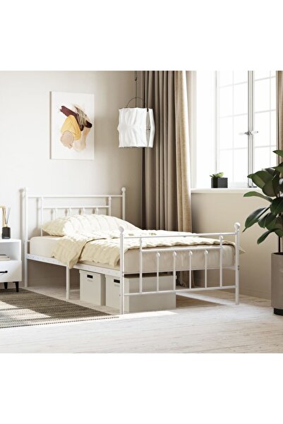 Concept Cadru de pat metalic cu tăblie de cap/picioare, alb, 107x203 cm