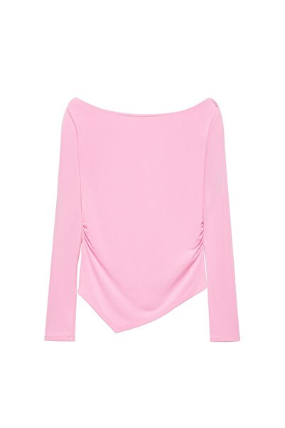 Pull & Bear Büzgülü pembe kayık yaka top