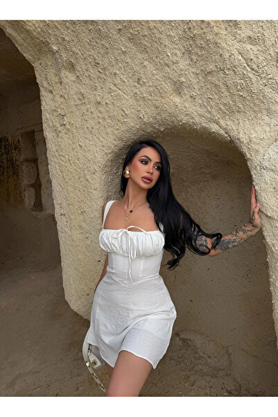 kırmızı butiks Mini Drapeli Keten Elbise