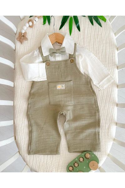 hümabebe Muslin Shirt with Bow Tie and Muslin Overalls, Holiday Outfit for Ba...