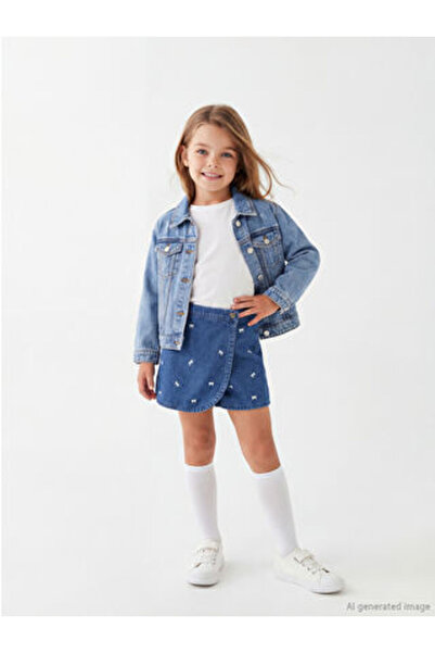 LC Waikiki M1 Sezon Indigo Ribbon Embroidered Girls' Jean Shorts