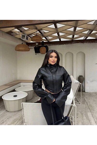 D'RECCY Women's Waist-Sitting Corseted Jacket Cropped Leather