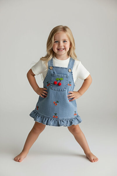 Leni Kids Kız Bebek Kot Salopet Elbise Kiraz Desenli , Kısa Kollu Bluz Takım