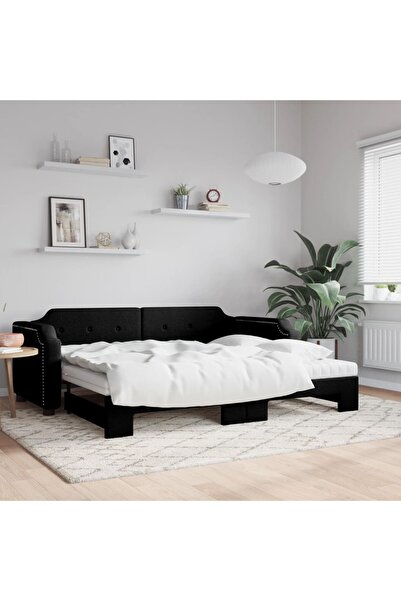 Concept Pat de zi cu extensie și saltele, negru, 90x200 cm, textil