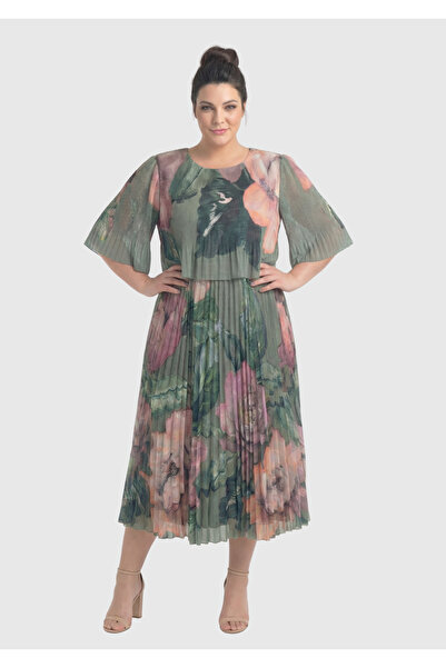 LİLAS XXL Büyük Beden Pembe Desen Baskılı Şifon Elbise