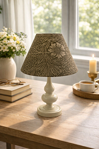 Natiorj Elite Serisi Krem Ayaklı Kadife Abajur Şapkalı Masa Lambası Yatak Oda...