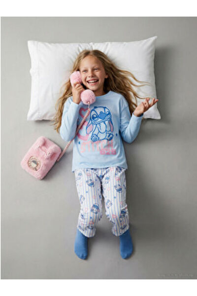 LC Waikiki M1 Sezon Blue Stitch Printed Girls' Pajama Set