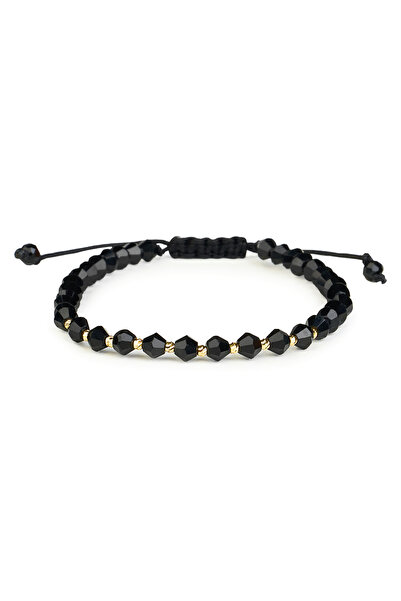 One Gold Bracelet with 10 beads 14K Gold "585" and Black Crystals, adjustable