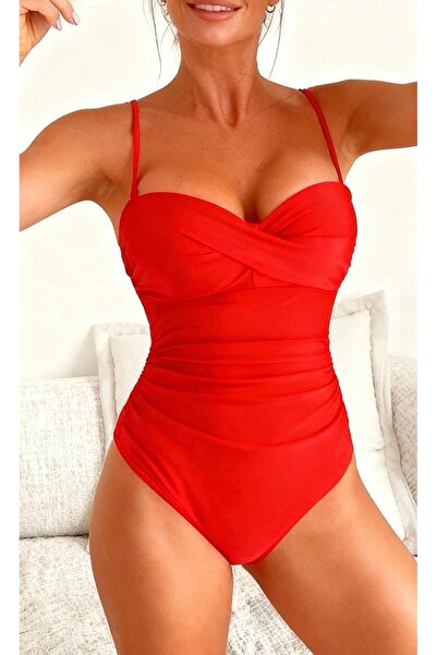 Mores Red Draped Shaping / Sculpting One Piece Swimsuit