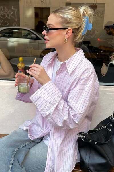 Madmext Pembe Çizgili Oversize Kadın Gömlek MG2732