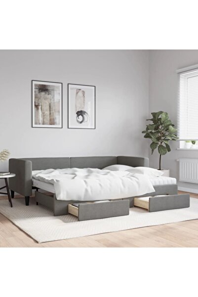 Concept Pat de zi cu extensie și sertare, gri închis, material textil 80x200 cm