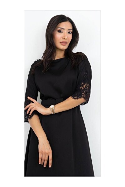 Dorne Moda Vizon Dantel Detaylı Kemerli Midi Elbise