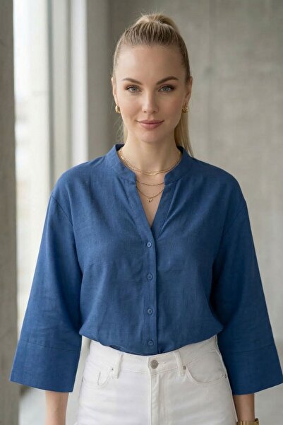 Lupinn Women's Blue Classic Regular Fit Button down Long Sleeve Woven Relaxed...