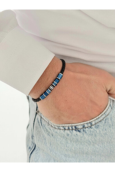 FERRO سوار رجالي من الفولاذ باللون الأزرق الداكن والفضي جلد FRJ10191B-L مع عب...