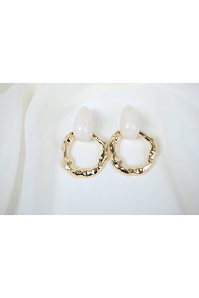 ATELİER TUĞBA Bkp104 Gold Color Stone Hanging Wavey Hoop Earrings (Length 60 mm)