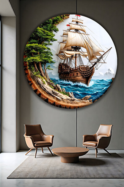 B&G DESIGN Masă rotundă din sticlă, cu design de navă din lemn de lux, cu ved...