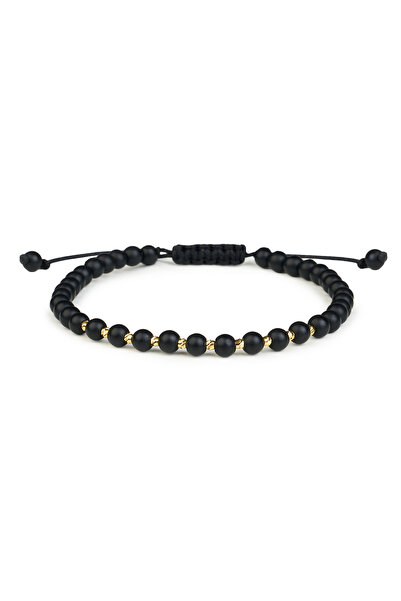 One Gold Bracelet with 10 beads 14K Gold "585" and Black Onyx, adjustable