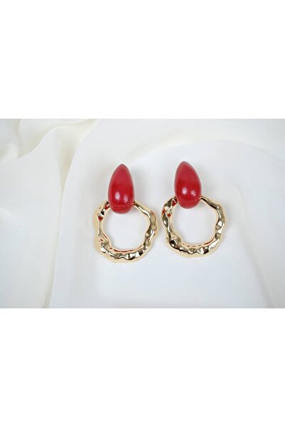 ATELİER TUĞBA Bkp104 Gold Color Stone Hanging Wavey Hoop Earrings (Length 60 mm)