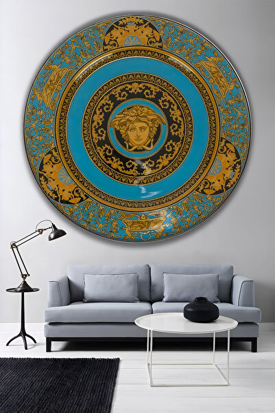B&G DESIGN Μοντέρνο τυρκουάζ στρογγυλό γυάλινο τραπέζι με μοτίβο Μέδουσας και...