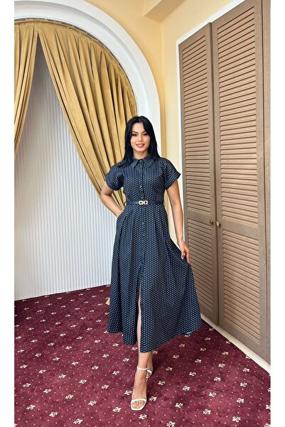 Nida Boutique Puantiye Desenli Midi Boy Kemerli Full Düğmeli Dijital Poplin E...
