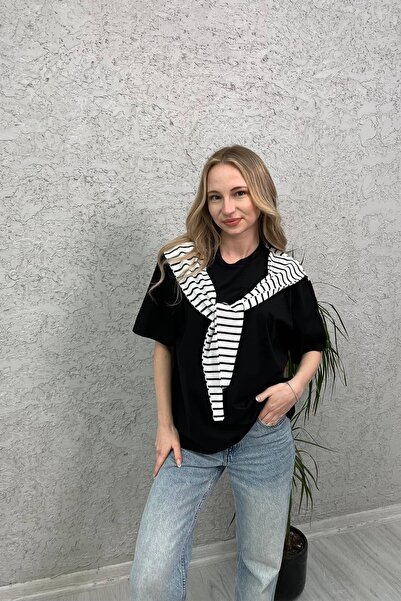 Veni Life Tricou cu mânecă scurtă pentru femei 90% bumbac cu dungi cu detaliu...