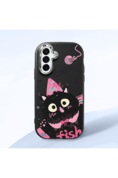 Black Soft Silicone Phone Case with Camera Protection for Samsung Galaxy A17 Compatible Cat Pattern